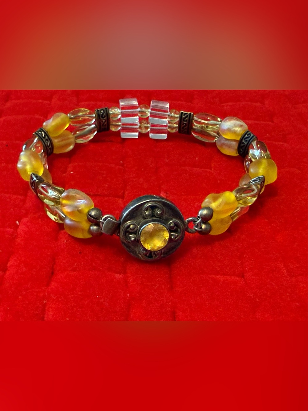 925 Vintage Yellow Beaded Women's Bracelet with Silver Accent